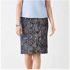 J. JILL Size Medium Blue Paisley Stretch Waist Ponte Pencil Skirt Elastic Boho